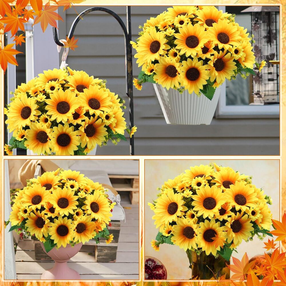 7013 12 Bundles Artificial Sunflowers with Stems Realistic Silk Sunflowers - Picture 6 of 7